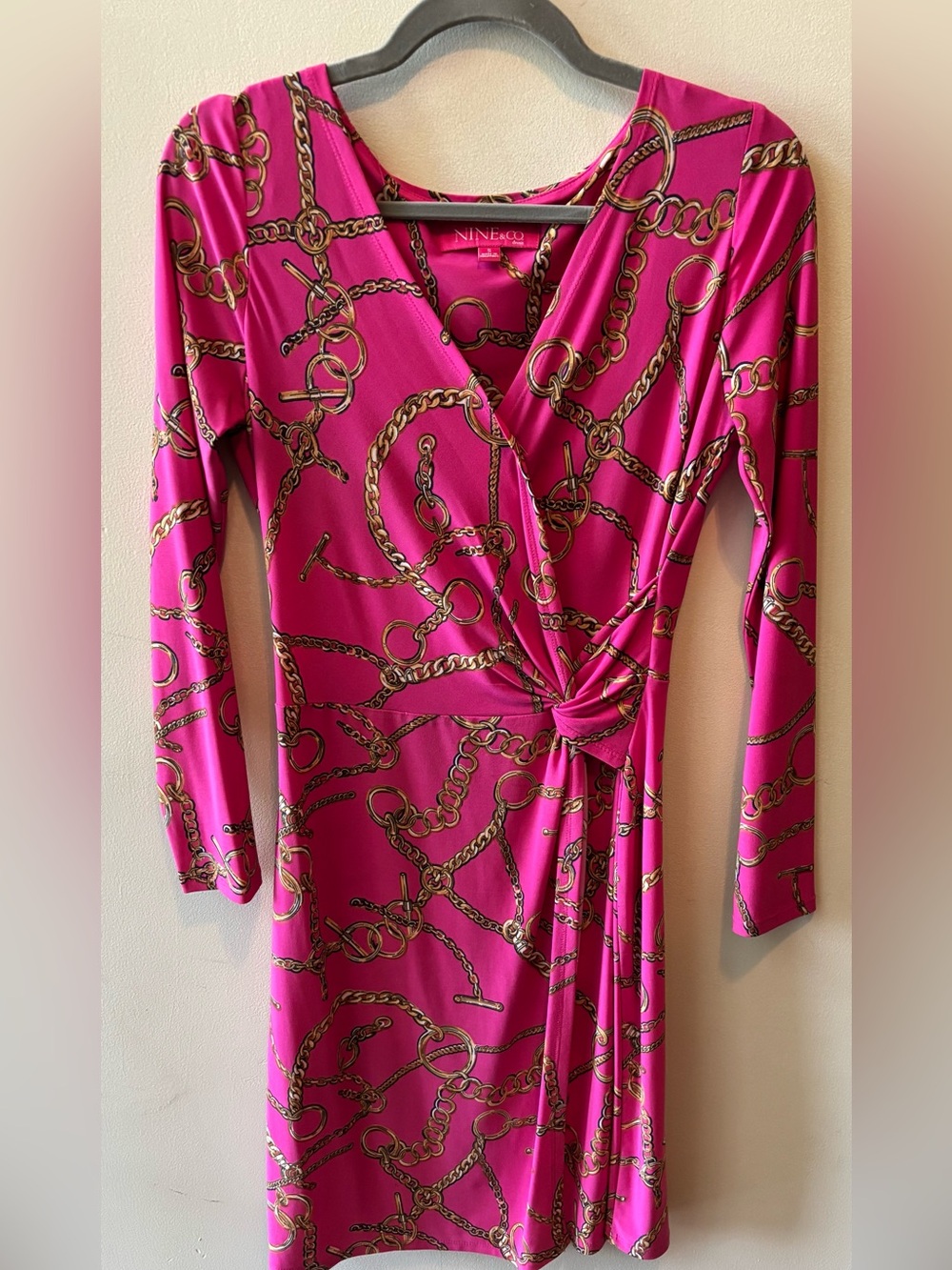 Fuchsia Chain-Print Long Sleeve Faux Wrap Dress